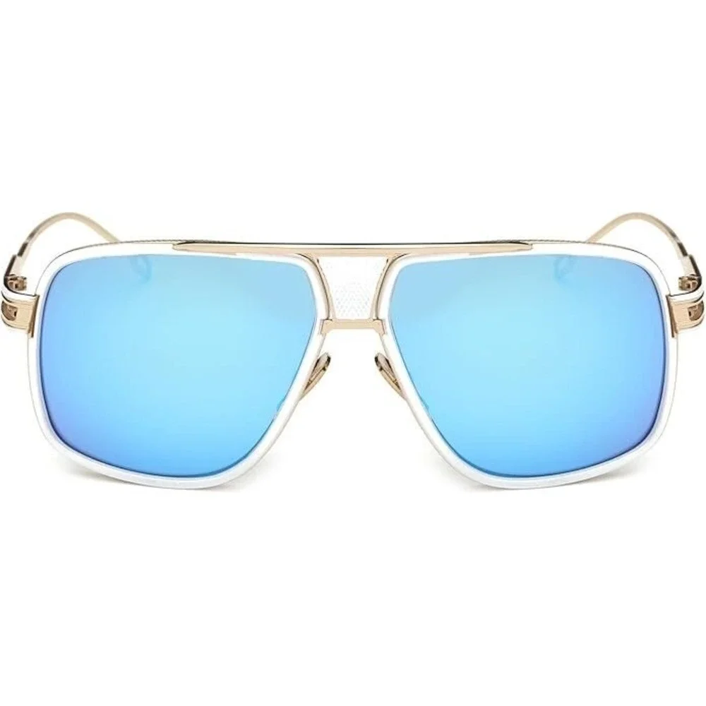 Aviator Sunglasses Blue Mirrored Lens Gold White Frame Square Fashion Lentes New